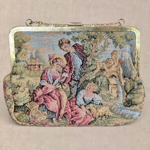 Vintage Rococo Revival Tapestry Evening Bag 1960s Pastoral Petit Point Clutch